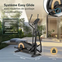 Krafttrainingsgerät in einem modernen Raum mit großen Fenstern. Pflanzen im Hintergrund. Maße und technische Details eingeblendet.