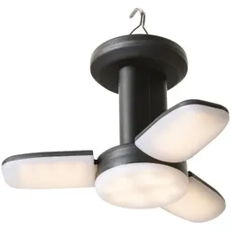 Deckenleuchte mit schwarzem Gehäuse und drei weißen, runden Lichtpaneelen, die nach außen stehen.