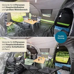 Zeltinnenansicht mit zwei Varianten: Oben für 4 Personen, mit Tisch und Stühlen. Unten für 8 Personen, zusätzliche Schlafkabine.