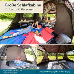 Große Schlafkabine mit Schlafplätzen, zwei Personen sitzend am Tisch, Farbdecken und Campingzubehör sichtbar.