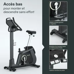 Heimtrainer in Schwarz mit verstellbarem Sattel, rutschfesten Pedalen und verschiedenen Bedienelementen.