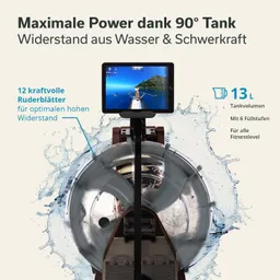 Rudergerät mit Wasser- und Schwerkraftwiderstand. Bildschirm zeigt eine Ruderlandschaft. Technische Details und Wasserbewegung sichtbar.
