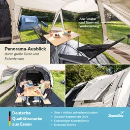 Zelt mit großen Fenstern und Türen, Tisch mit Snacks und Getränken, Personen sitzen auf Stühlen. Außenbereich mit Rasen.