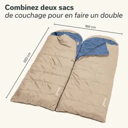 Zwei Schlafsäcke in beige und blau auf einem hellen Hintergrund, die zusammengelegt sind und als doppelter Schlafsack genutzt werden können.