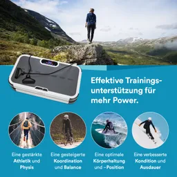 Ein Vibrationsgerät liegt auf dem Boden vor einer Berglandschaft. Im Hintergrund steht eine Person auf einem Felsen. Text beschreibt Trainingsvorteile.