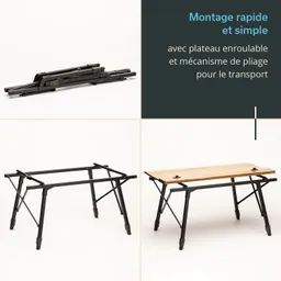 Faltbarer Tisch in drei Ansichten: zusammengeklappt, in aufgeklappter Rahmenform und mit Holzplatte. Weißer Hintergrund.