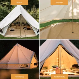Zelt in verschiedenen Szenarien: oben links Winter mit Möbeln, oben rechts Sommer, unten links Glamping, unten rechts Gartenparty.