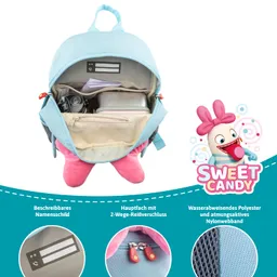 Blick ins Innere eines blauen Rucksacks mit pinken Elementen. Er enthält eine Kamera, eine Dose, sowie weitere Fächer und ein Namensschild.