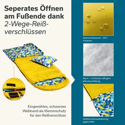 Schlafsack in Gelb mit buntem Innenmuster, ein Kopfkissen und zwei Reißverschlüssen am Fußende. Detailansicht mit Klemmschutz.
