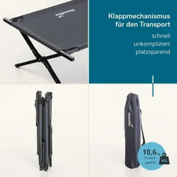 Klappbett in Schwarz mit stabiler Stützstruktur, zusammengeklappt und in einer Tragetasche gezeigt, Gewicht 10,6 kg.