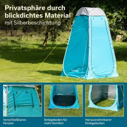 Ein blaues Campingzelt mit silberner Beschichtung steht auf einer grünen Wiese. Darunter sind drei Detailbilder.