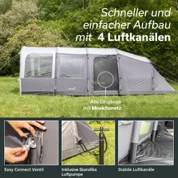 Zelt in Grautönen auf einer Wiese, umgeben von Bäumen. Elemente: Eingänge mit Moskitonetz, Luftkanäle, Pumpe.