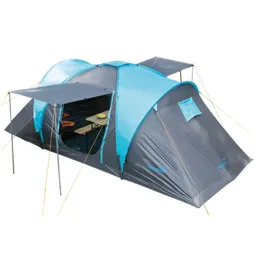 Buntes Zelt mit blauen und grauen Elementen, ausgestattet mit einer kleinen Veranda und einer Öffnung für ein Tischset im Inneren.