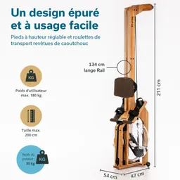 Rudergerät mit Holzrahmen, verstellbaren Füßen und transparentem Wassertank. Maße: 211 cm hoch, 54 cm breit, 47 cm tief.