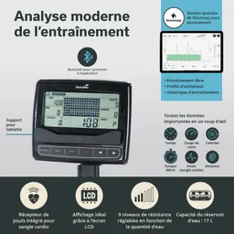 Gerät zur Analyse des Trainings mit LCD-Bildschirm, Bluetooth-Verbindung, Unterstützung für Tablets und verschiedenen Anzeigeoptionen.