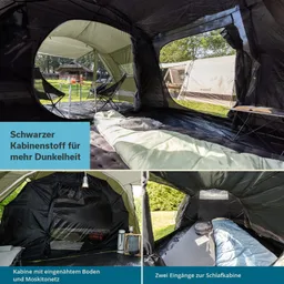 Zeltinnenraum mit schwarzem Kabinenstoff, zwei Eingängen, zwei Klappstühlen, einem Schlafsack und einem Bord.
