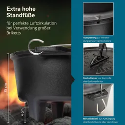 Dutch Oven mit extras hohen Standfüßen, Deckelheber und Aussparung für Thermometer. Hintergrund mit Glut und Flammen.