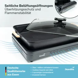 Grillplatte mit Glasdeckel und seitlichen Belüftungsöffnungen. Produktdetails und Markeninformationen sind sichtbar.