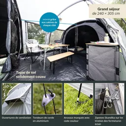Zeltinnensicht mit einem Tisch, einer Bank und Campingstühlen. Sichtbare Zubehörteile und Strukturmerkmale.