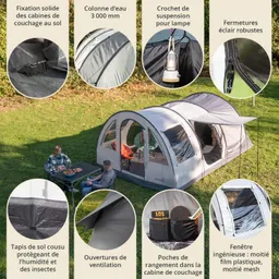 Zelt mit großen Fenstern und Eingängen, Personen sitzen an einem Tisch, umgeben von Gras und Bäumen. Grafikdetails beschrieben.