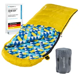 Gelber Schlafsack mit geometrischem Innenmuster in Blau und Gelb, daneben ein grauer Aufbewahrungssack und ein Bewertungsschild.