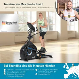 Mann auf einem Ellipsentrainer in einem hellen Raum. Fenster im Hintergrund, verschiedene Textinformationen und ein Logo unten.