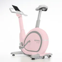 Stationäres Fahrrad in Rosa mit einem grauen Display und gebogenem Lenker. Fußstützen und stabiler Stand.
