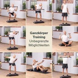 Person trainiert auf einer Fitnessplattform mit Widerstandsseilen. Sechs Trainingspositionen in einem hellen Raum mit Fenstern.