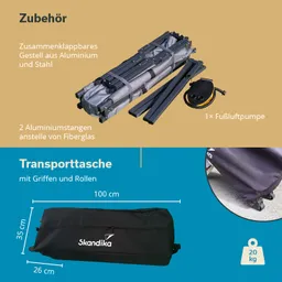 Zusammengeklapptes Gestell aus Aluminium und Stahl mit einer Fußluftpumpe daneben eine Transporttasche mit Maßen und Rollen.
