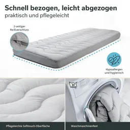 Graue Matratze mit Wellenmuster und 2-seitigem Reißverschluss, umgeben von Textinformationen zur Pflegeleichtigkeit.