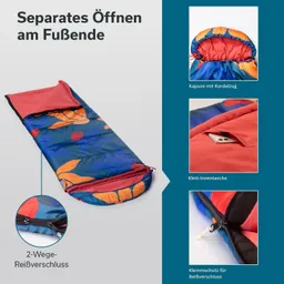 Schlafsack mit buntem Muster, offener Kapuze und Kordelzug. Abgebildet sind Details wie Reißverschluss und Innentasche.