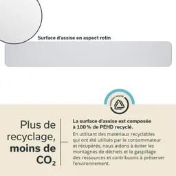 Graue Oberfläche in rechteckiger Form mit abgerundeten Ecken, umgeben von Informationen über Recycling und Umweltfreundlichkeit.