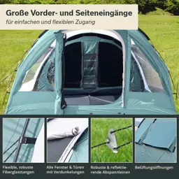 Zelt mit großen Eingängen, Fenstern und robusten Materialien, eingebettet in eine grüne Wiese. Detailansichten von Komponenten.