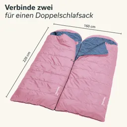 Zwei pinkfarbene Schlafsäcke liegen nebeneinander, mit geometrischem Muster auf der Innenseite. Maße sind 220 cm x 160 cm.