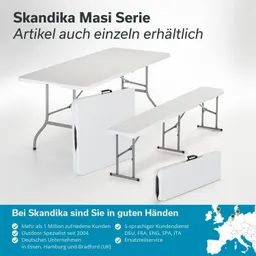 Tisch und Bank der Skandika Masi Serie in Weiß, zusammen mit zusammenklappbaren Elementen und Informationen zur Marke.