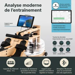 Rudergerät aus Holz mit zentralem Wassertank, Tablet-Halterung und Displayinformationen zu Trainingseinstellungen.