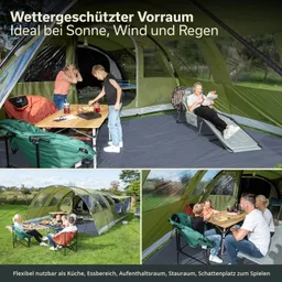 Zeltbereich mit grünen Wänden, zwei Personen am Tisch, eine Person sitzt entspannt. Möbel und Snacks sichtbar.
