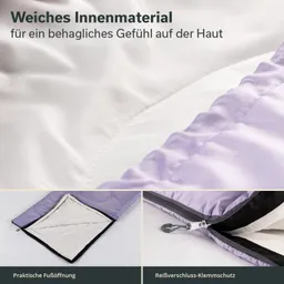 Decke mit weichem Innenmaterial und lilafarbenem Rand. Details zur Fußöffnung und Reißverschluss-Klemmschutz sichtbar.