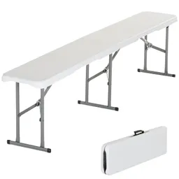 Weißer Klapptisch mit klappbaren Metallbeinen, daneben eine zusammengeklappte Version des Tisches.