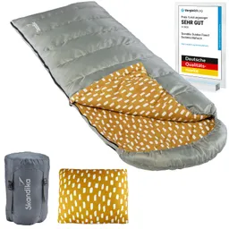 Decken Schlafsack in Grau mit gelbem Innenfutter und Muster, zusammen mit einer grauen Tragetasche und einem Kissen.