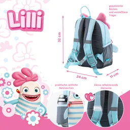 Rucksack in hellblau mit gepolstertem Rücken und verstellbaren Trägern. Der Rucksack hat seitliche Netztaschen und reflektierende Elemente. Ein maskottchenartiges Design mit Aufschrift „Lilli“ und einer Figur mit rosa Schleife ist ebenfalls abgebildet.
