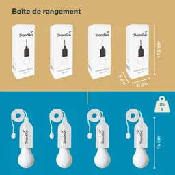 Vier Verpackungen für eine Campinglampe sind oben abgebildet, darunter drei weiße Lampen mit Schnur und Gewicht.