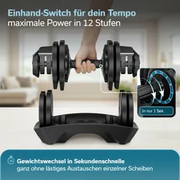 Verstellbare Hantel mit einem Handgriff, abgestellt auf einer Basis. Im Hintergrund ein heller Raum mit Möbeln.