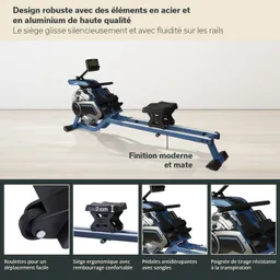 Rudergerät aus Stahl und Aluminium mit ergonomischem Sitz, stabilen Pedalen und moderner Oberfläche auf einem hellen Boden.