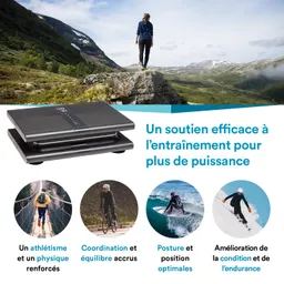 Eine Person steht auf einem Felsen in einer Berglandschaft. Vor ihr liegt ein Fitnessgerät. Darunter sind Symbole, die verschiedene sportliche Aktivitäten und Vorteile zeigen.