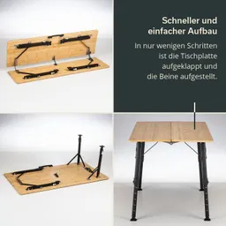 Klappbarer Tisch in verschiedenen Aufbaumöglichkeiten: zusammengestellt, Beine ausgeklappt, und in der finalen Position.
