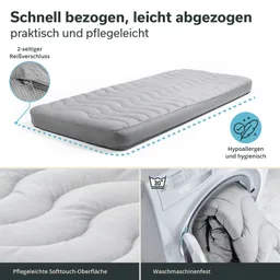 Matratze mit grauem Bezug und Wellenmuster, zwei-seitiger Reißverschluss, pflegeleichte Oberfläche und Waschmaschinenzeichen.
