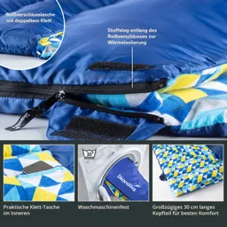 Blauer Schlafsack mit Reißverschluss, Klettverschluss und buntem Innenfutter. Waschmaschinenfest, mit Tasche und großem Kopfteilen.