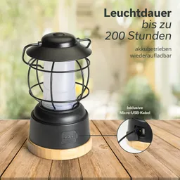 Akku-Lampe mit schwarzem, gitterförmigem Schutz und Holzfuß auf einem Holztisch. Micro-USB-Anschluss sichtbar.