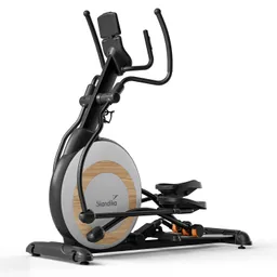 Ellipsentrainer mit einem runden Schwungrad und Holzoptik, in Schwarz und Grau, für Fitnessübungen.